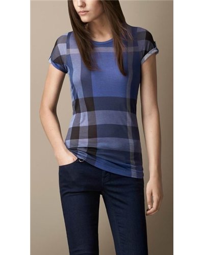 Burberry Check Front  T-Shirt  Blue -Women's