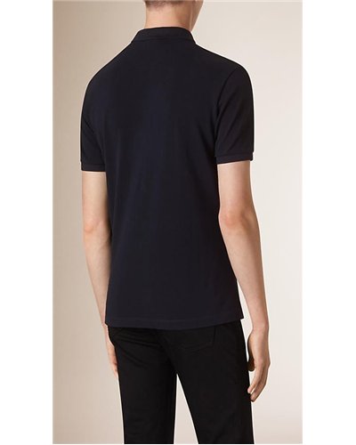 Burberry Check Placket Pique Cotton Polo Shirt Navy