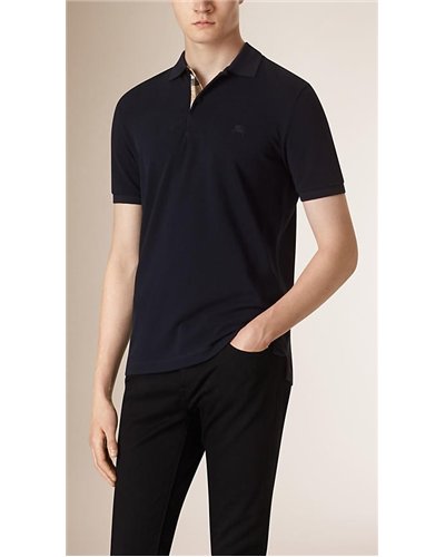 Burberry Check Placket Pique Cotton Polo Shirt Navy