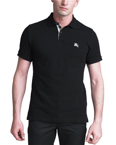 Burberry Check Placket Pique Cotton Polo Shirt Black