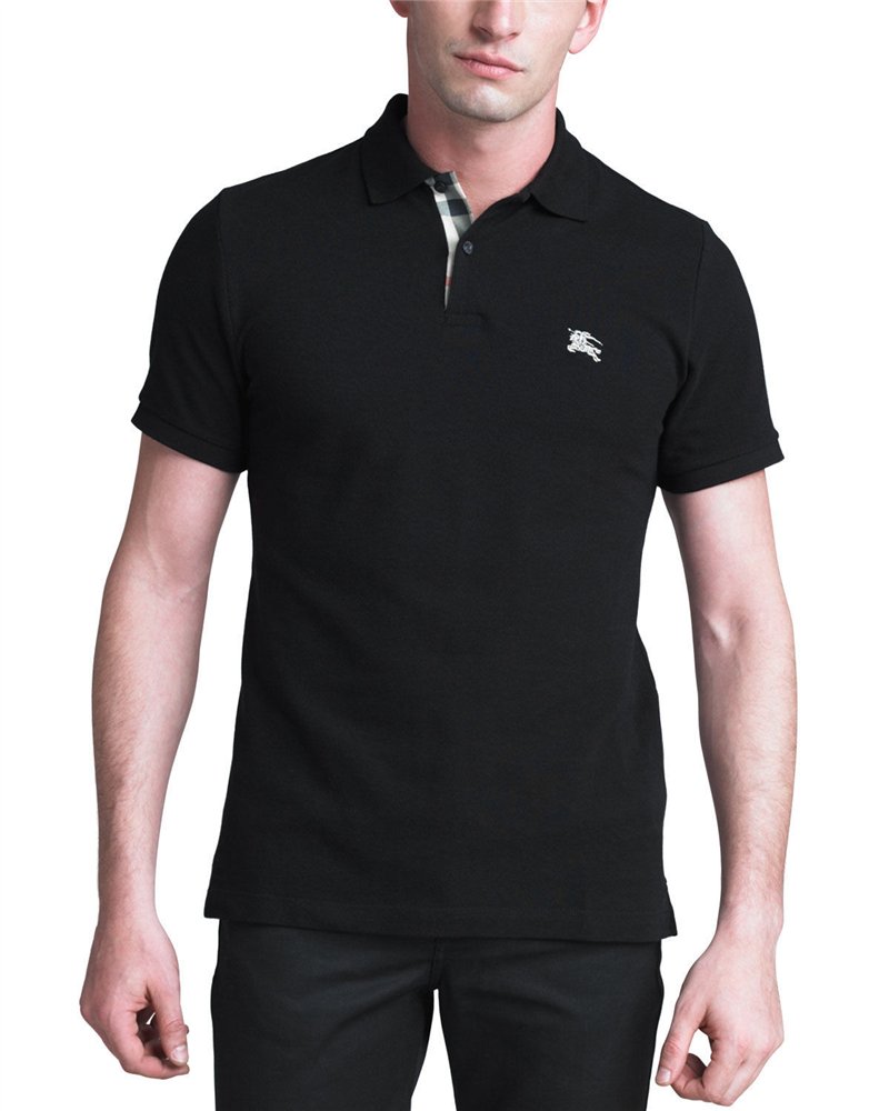 Burberry Check Placket Pique Cotton Polo Shirt Black