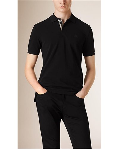 Burberry Check Placket Pique Cotton Polo Shirt Black