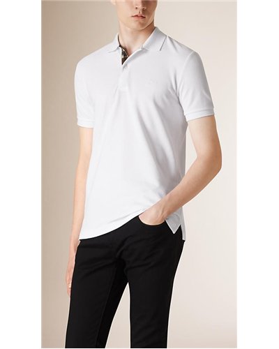 Burberry Check Placket Piqué Cotton Polo Shirt White