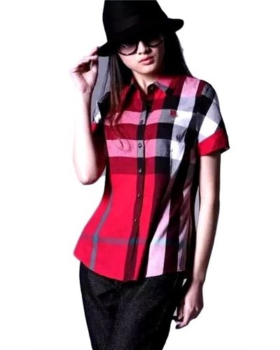 Burberry Women's Brit Tonal  Short Sleeve Check  Shirt Red