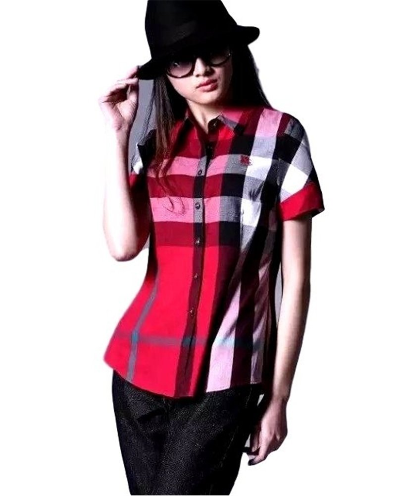 Burberry Women's Brit Tonal  Short Sleeve Check  Shirt Red