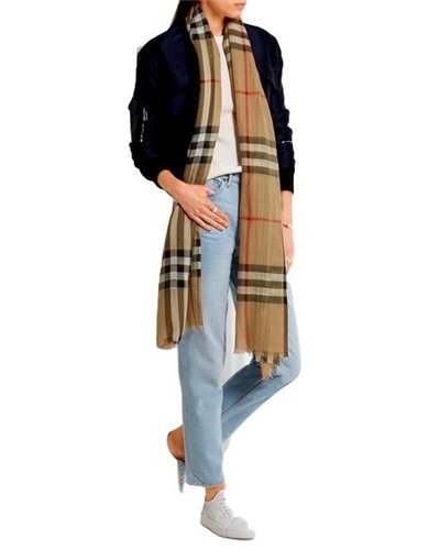 Burberry Checked Carmel Silk-Blend Gauze Scarf