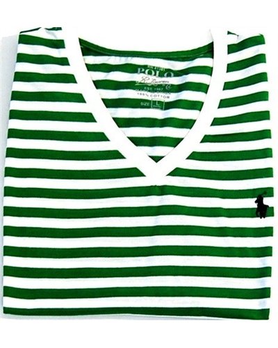 Ralph Lauren  Men's Stripe V Neck T Shirt Green/White